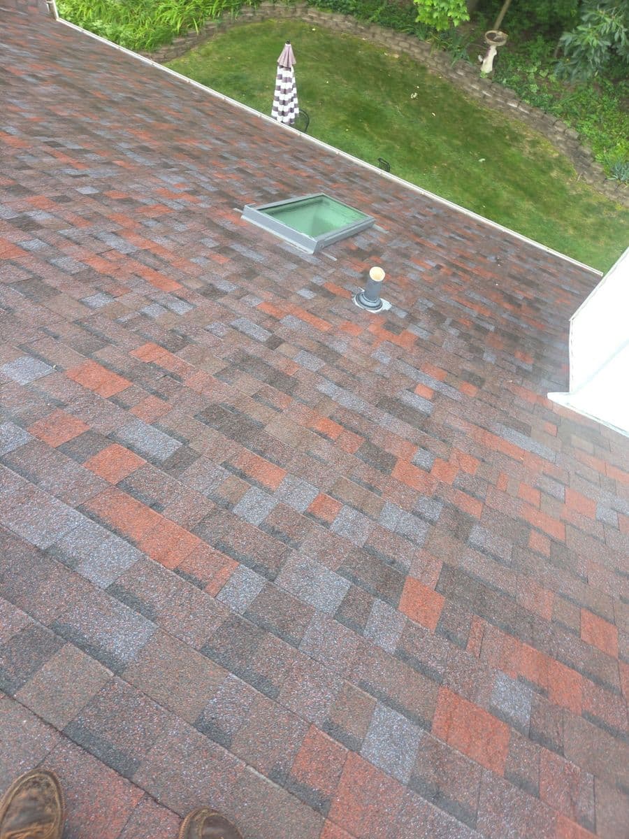 New skylight set into the finished red and grey shingle field, back garden beyond the eave